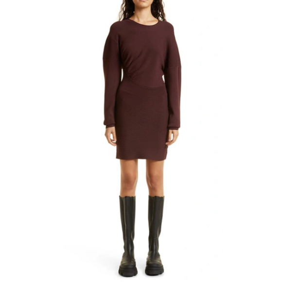 NEW Ganni Mini Sweater Dress Women's Size Small Maroon Ribbed Knit Long Sleeve - Picture 4 of 7